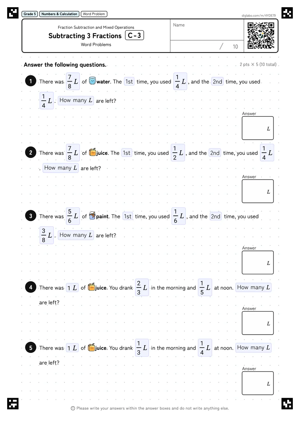 Grade 5 (Elementary School) Fraction Subtraction and Mixed Operations Subtracting 3 Fractions