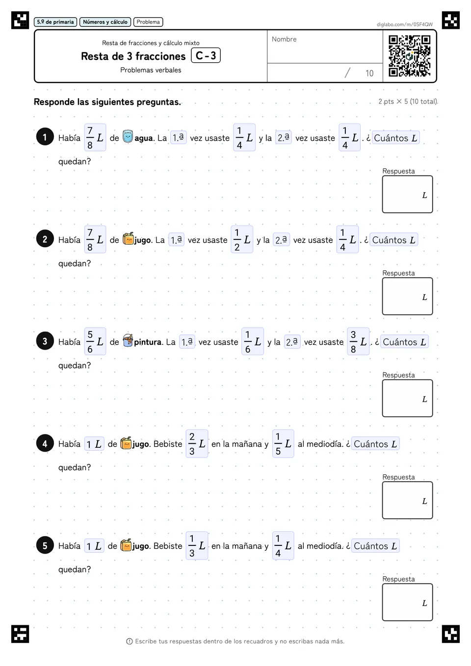 5.º de primaria Resta de fracciones y cálculo mixto Resta de 3 fracciones