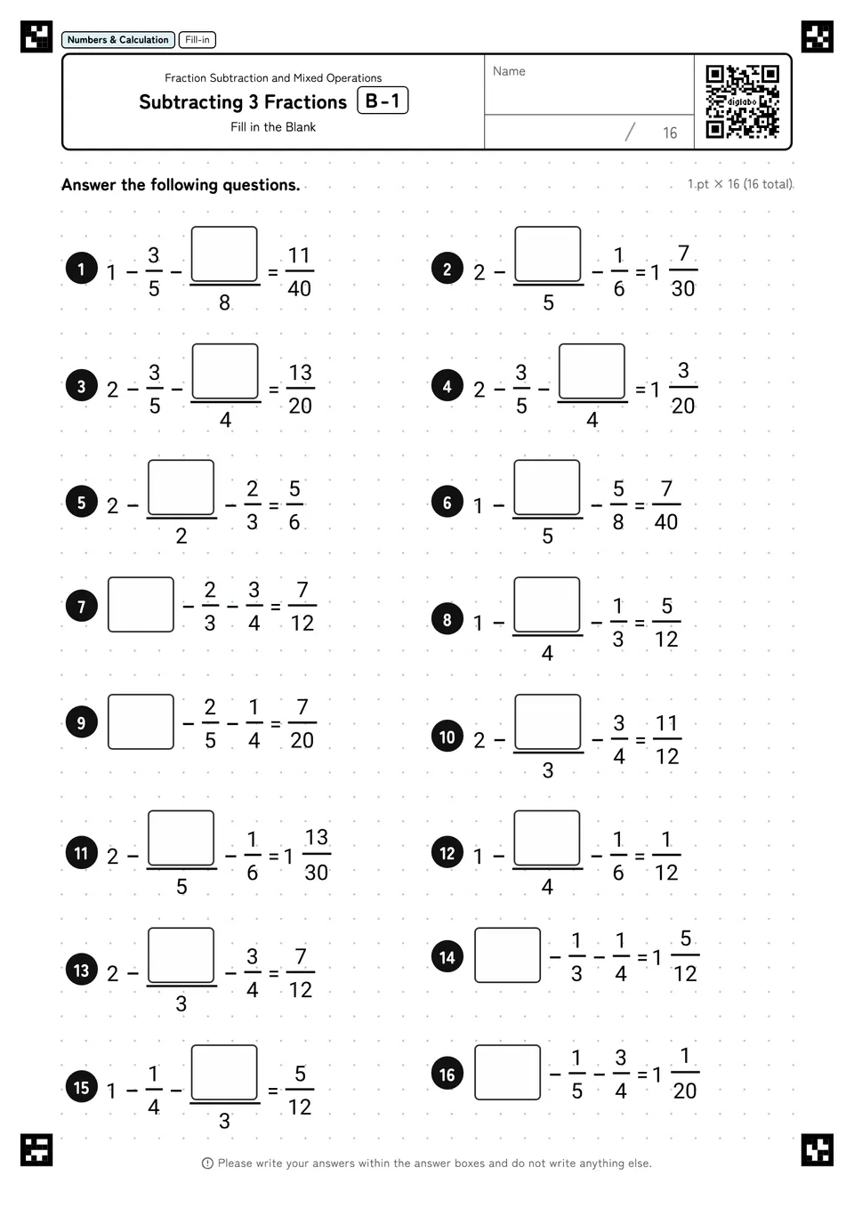 Subtracting 3 Fractions B-1