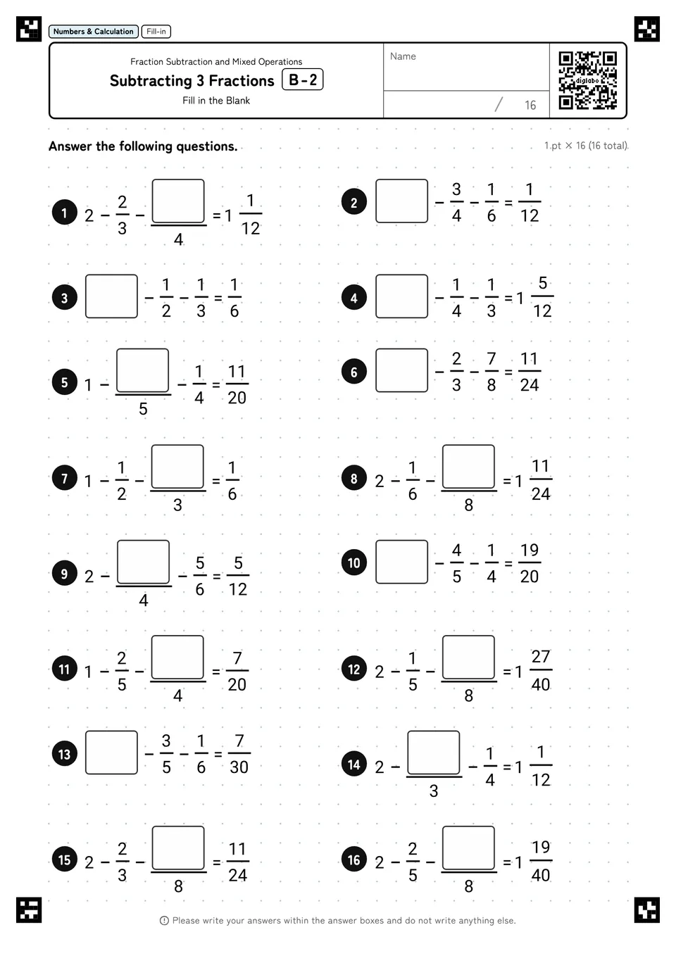 Subtracting 3 Fractions B-2