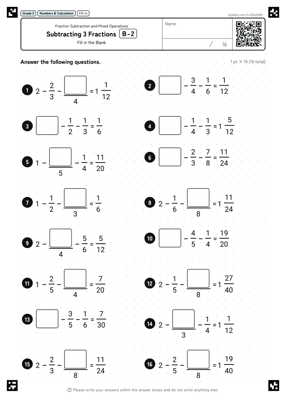 Grade 5 (Elementary School) Fraction Subtraction and Mixed Operations Subtracting 3 Fractions
