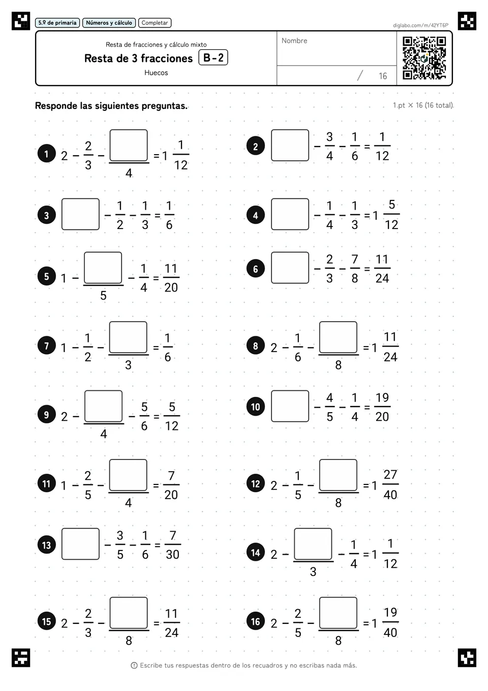 5.º de primaria Resta de fracciones y cálculo mixto Resta de 3 fracciones