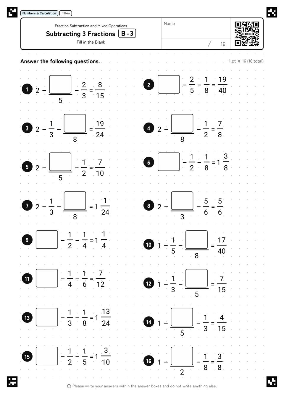 Subtracting 3 Fractions B-3