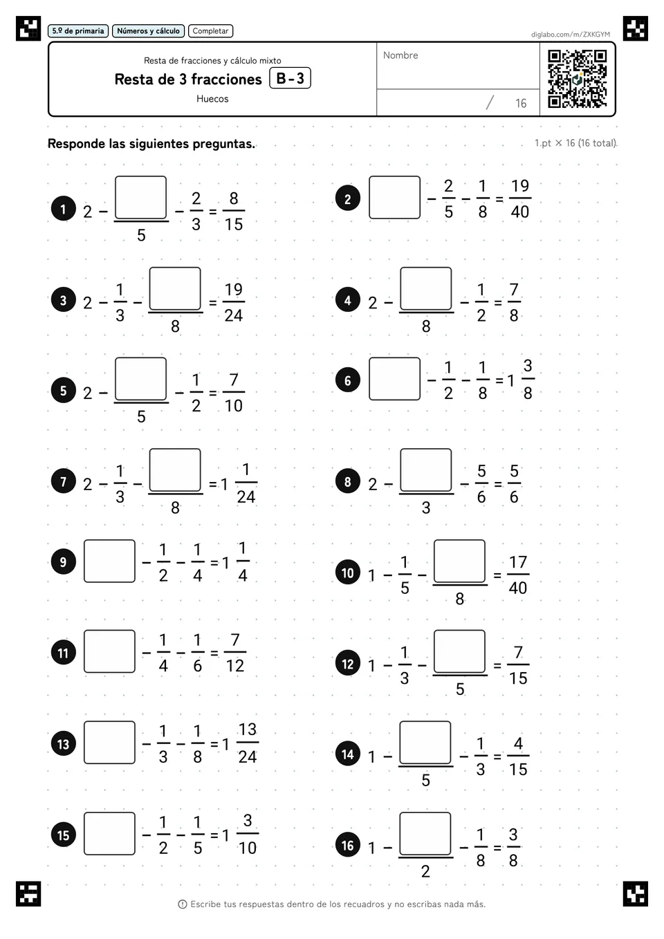 5.º de primaria Resta de fracciones y cálculo mixto Resta de 3 fracciones
