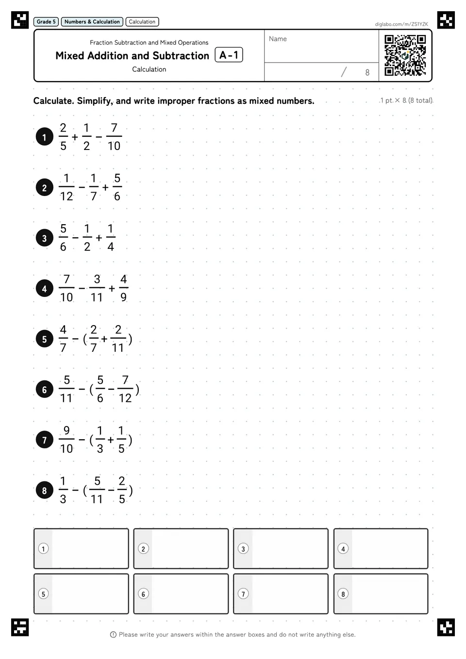 Grade 5 (Elementary School) Fraction Subtraction and Mixed Operations Mixed Addition and Subtraction