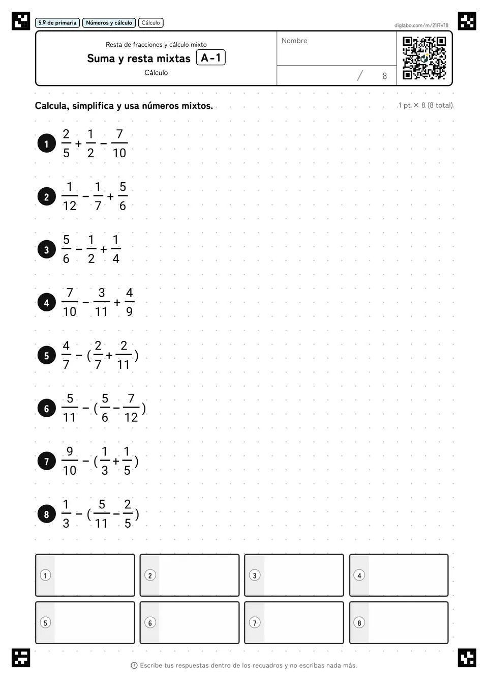 5.º de primaria Resta de fracciones y cálculo mixto Suma y resta mixtas
