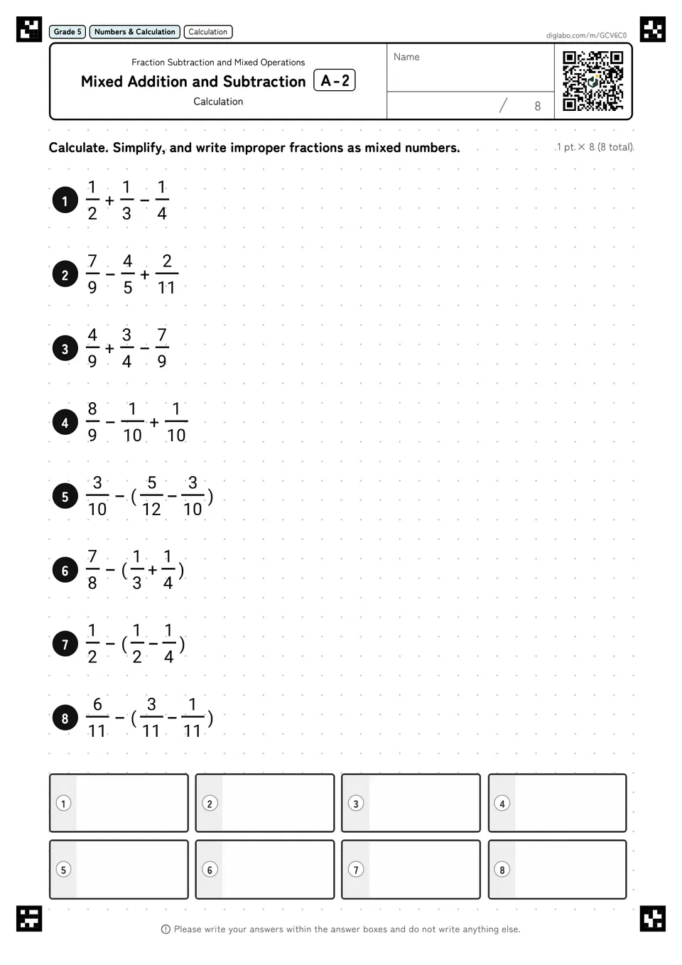 Grade 5 (Elementary School) Fraction Subtraction and Mixed Operations Mixed Addition and Subtraction