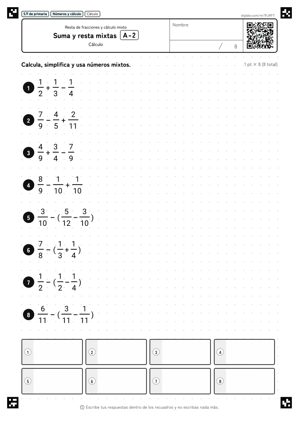 5.º de primaria Resta de fracciones y cálculo mixto Suma y resta mixtas