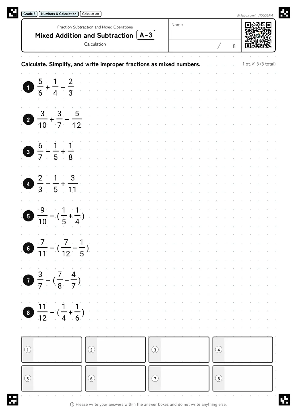 Grade 5 (Elementary School) Fraction Subtraction and Mixed Operations Mixed Addition and Subtraction