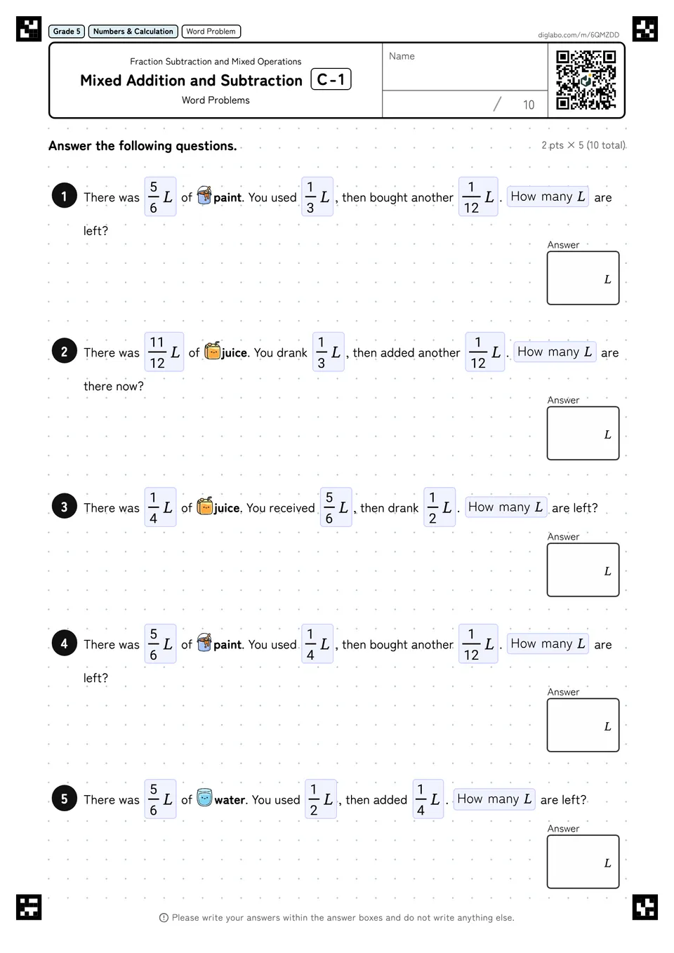 Grade 5 (Elementary School) Fraction Subtraction and Mixed Operations Mixed Addition and Subtraction