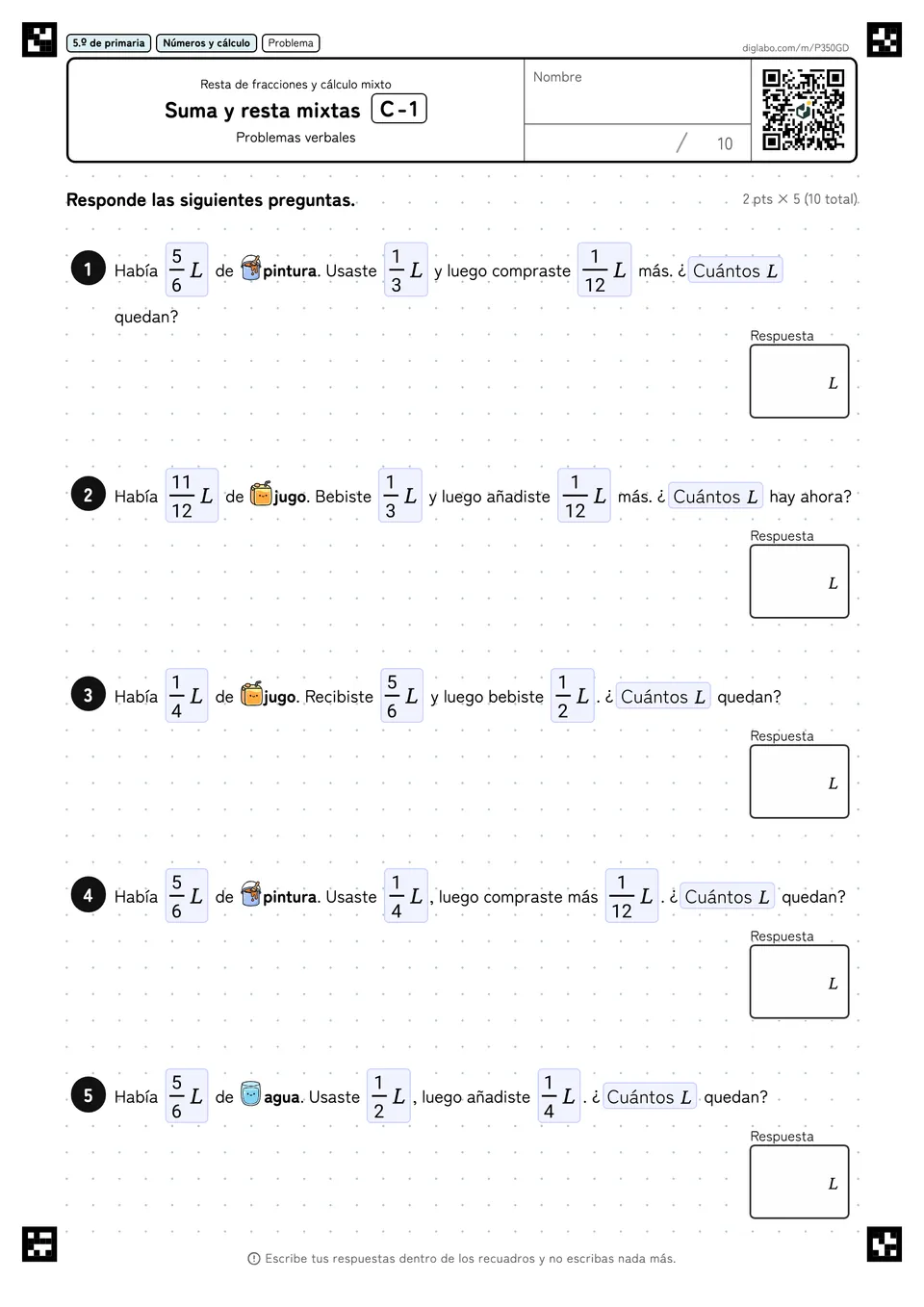 5.º de primaria Resta de fracciones y cálculo mixto Suma y resta mixtas