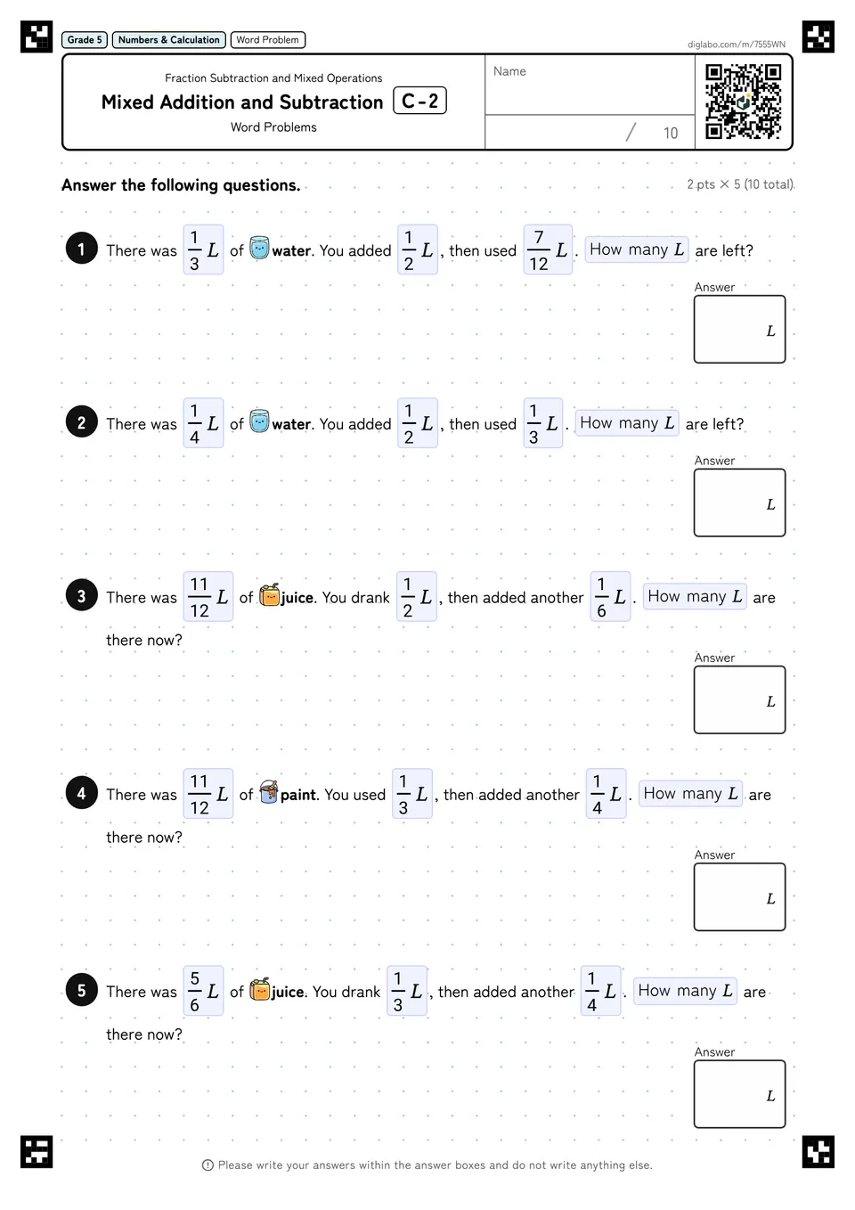 Grade 5 (Elementary School) Fraction Subtraction and Mixed Operations Mixed Addition and Subtraction