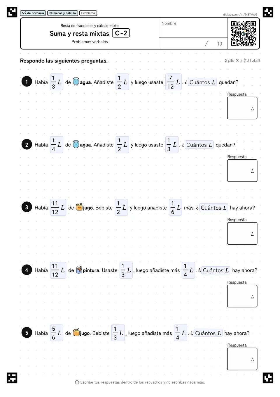 5.º de primaria Resta de fracciones y cálculo mixto Suma y resta mixtas