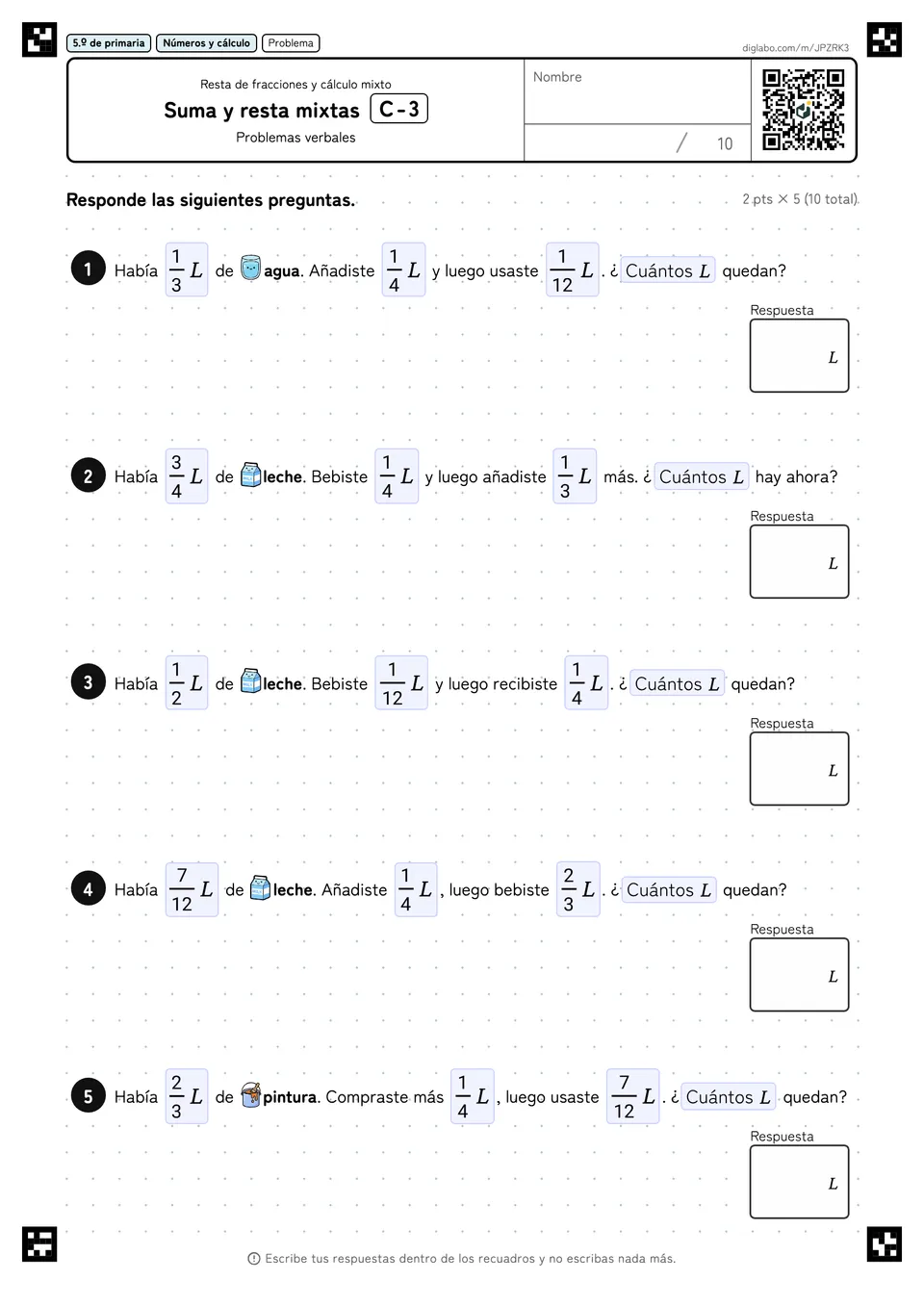 5.º de primaria Resta de fracciones y cálculo mixto Suma y resta mixtas
