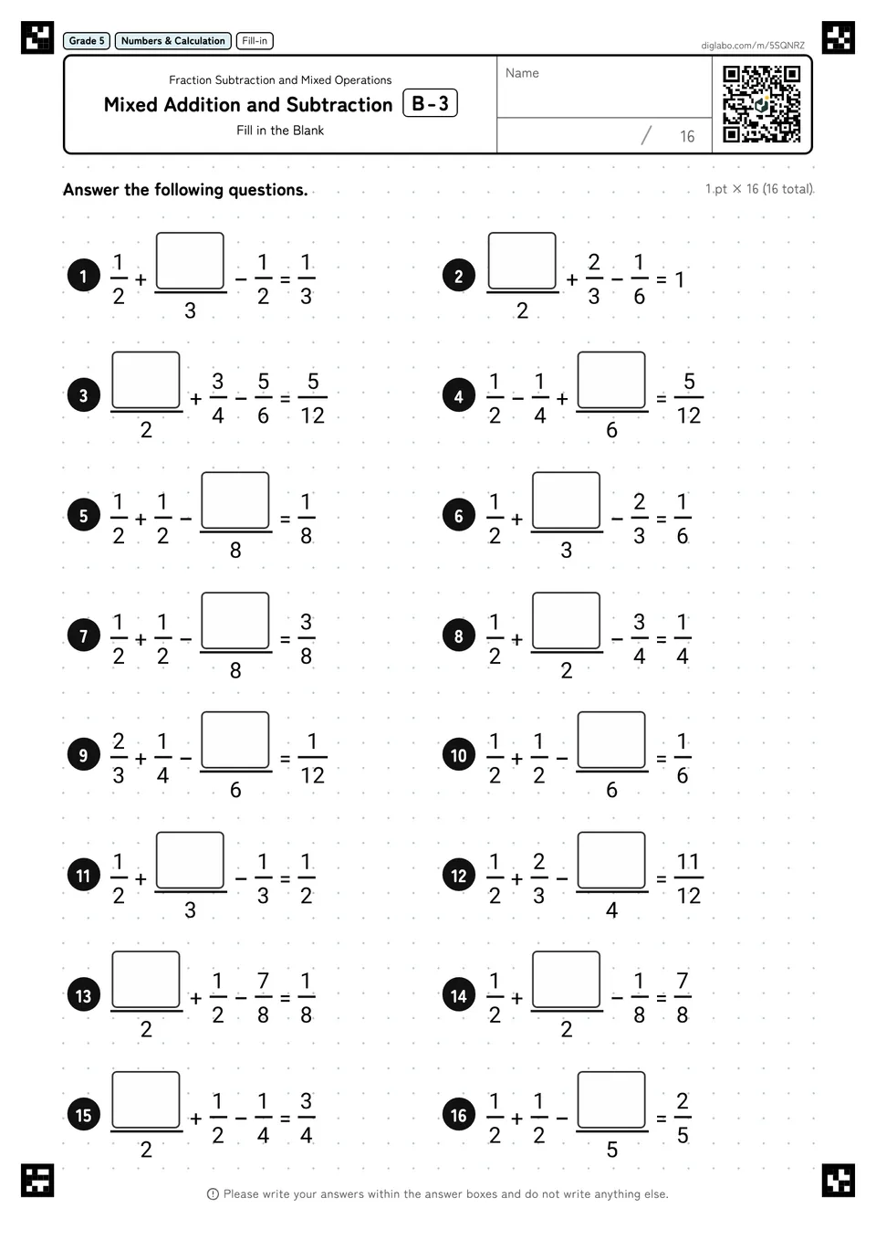 Grade 5 (Elementary School) Fraction Subtraction and Mixed Operations Mixed Addition and Subtraction