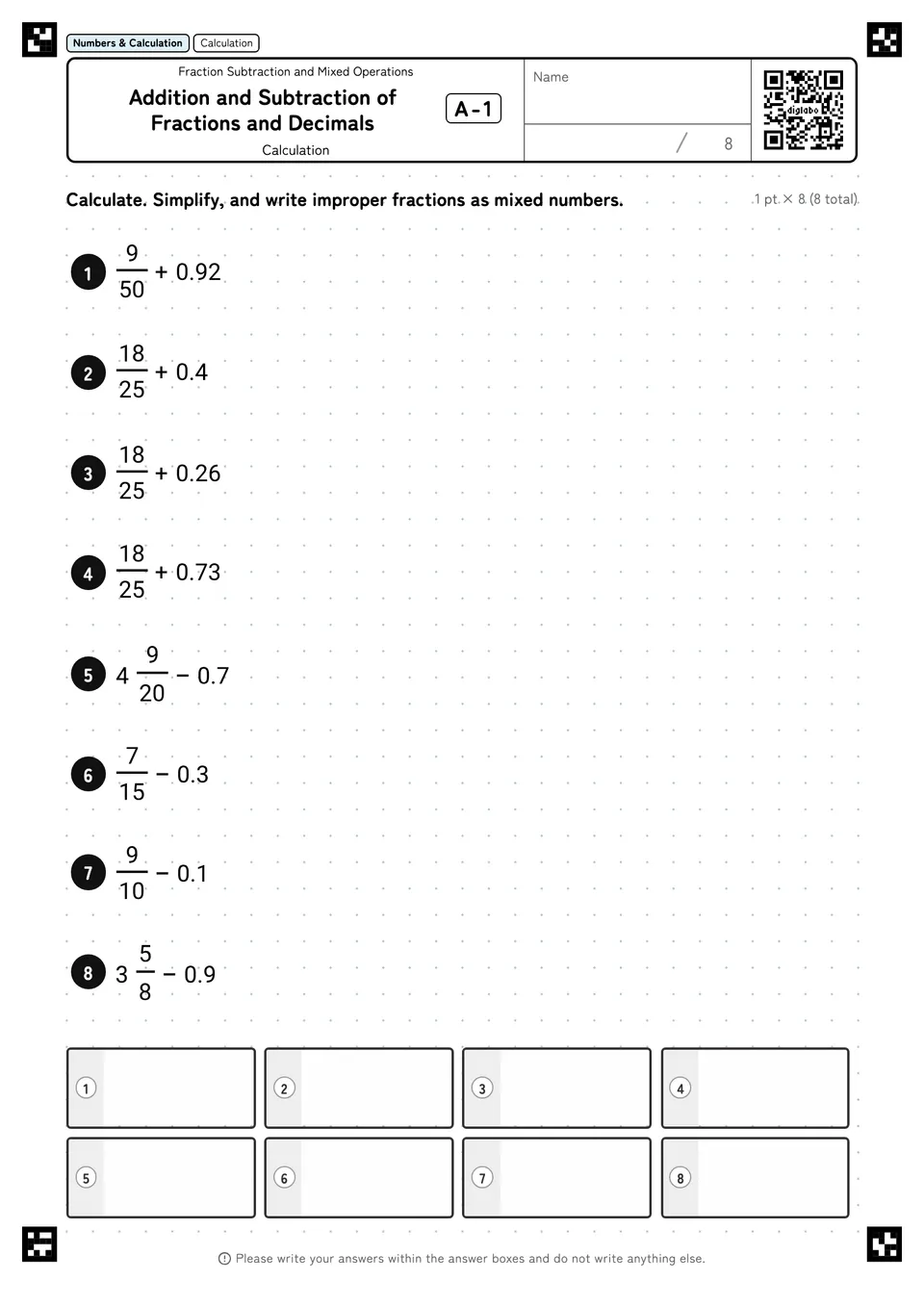 Addition and Subtraction of Fractions and Decimals A-1