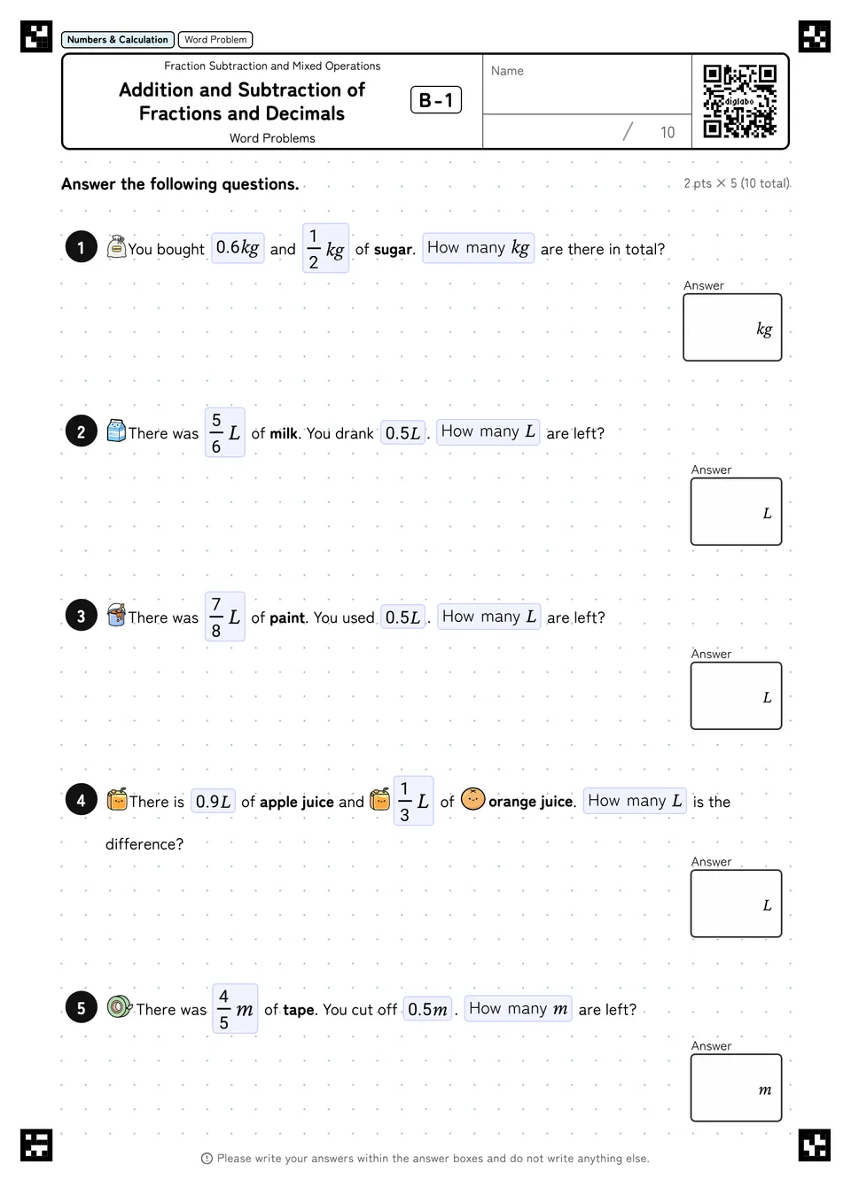 Addition and Subtraction of Fractions and Decimals B-1