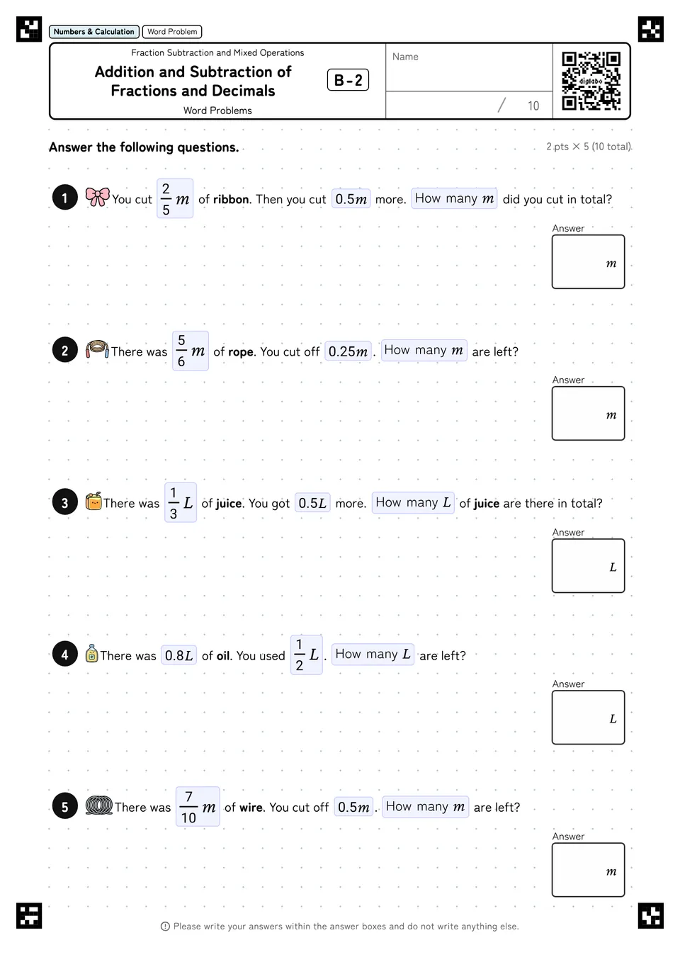 Addition and Subtraction of Fractions and Decimals B-2