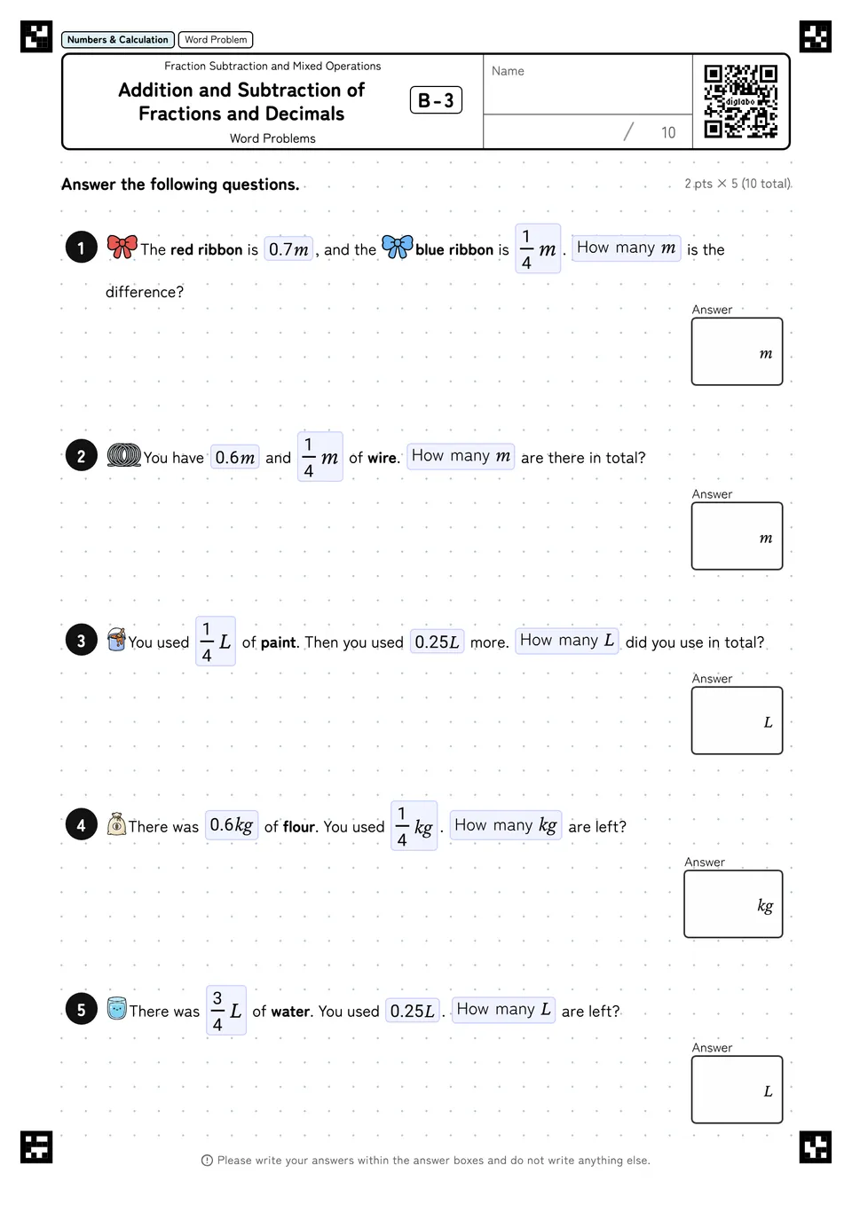 Addition and Subtraction of Fractions and Decimals B-3