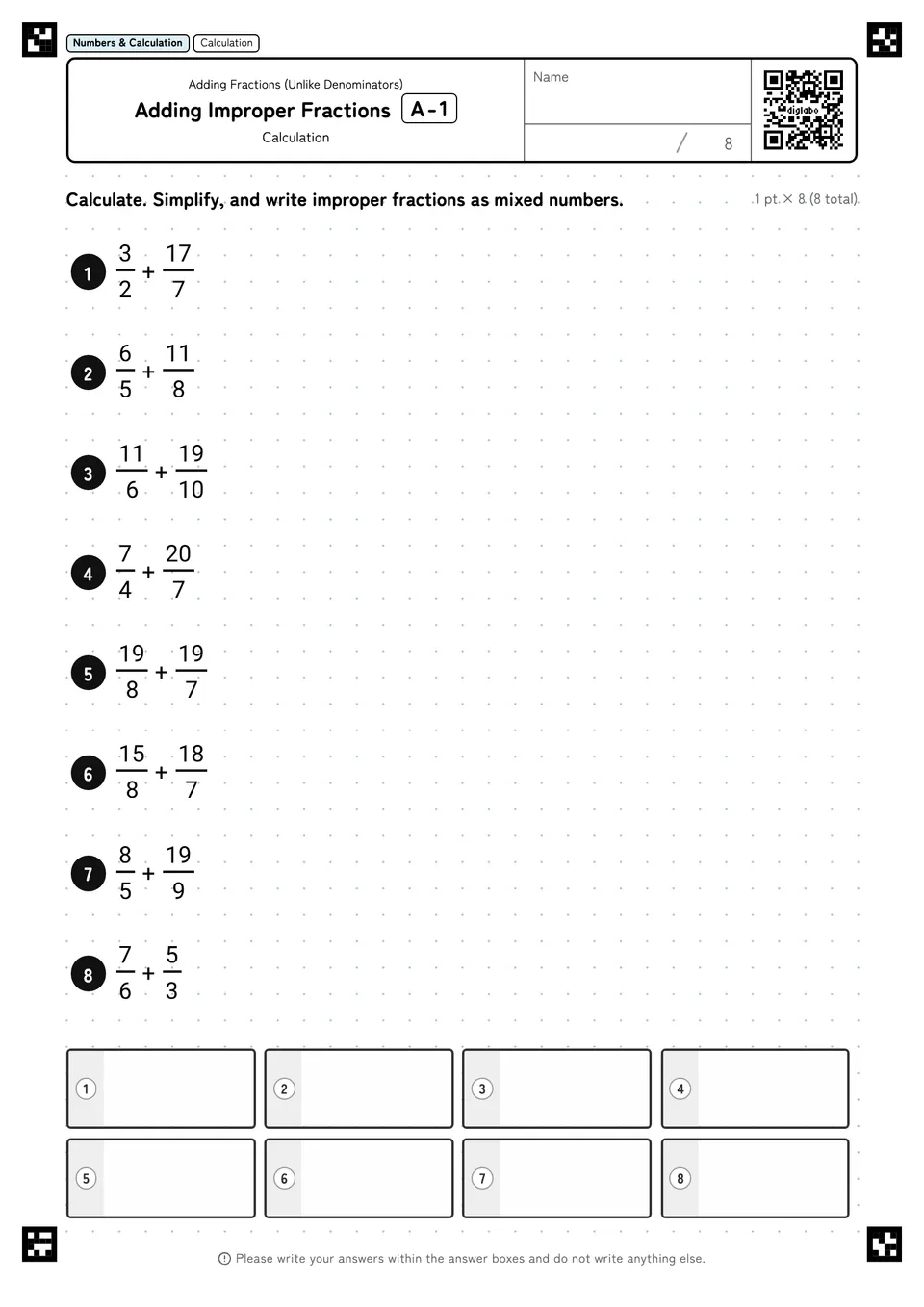 Adding Improper Fractions A-1