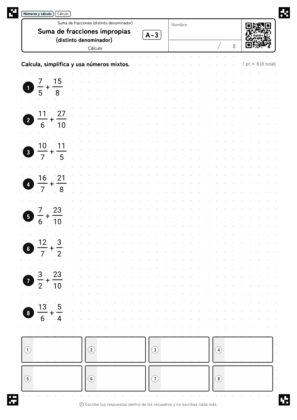 Suma de fracciones impropias (distinto denominador) A-3