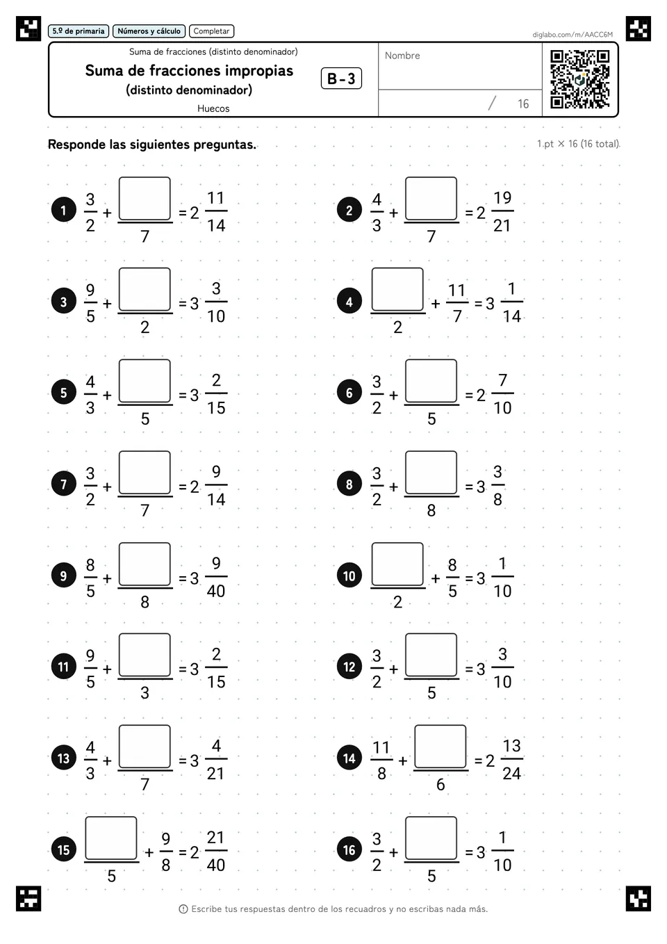 5.º de primaria Suma de fracciones (distinto denominador) Suma de fracciones impropias (distinto denominador)