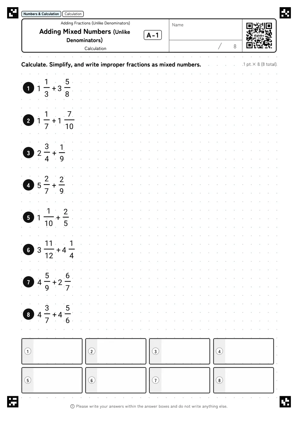 Adding Mixed Numbers (Unlike Denominators) A-1