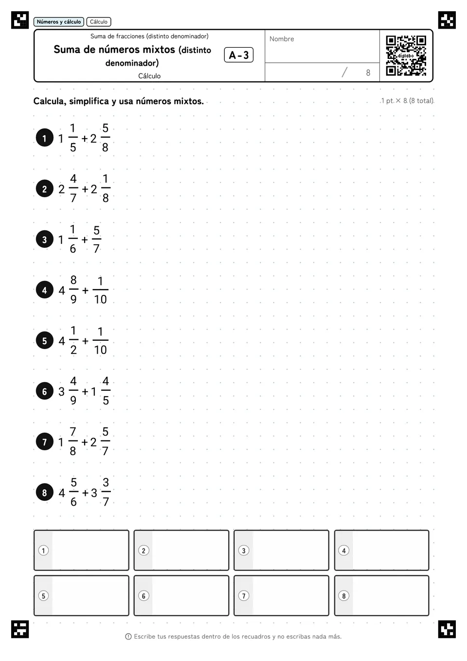 Suma de números mixtos (distinto denominador) A-3