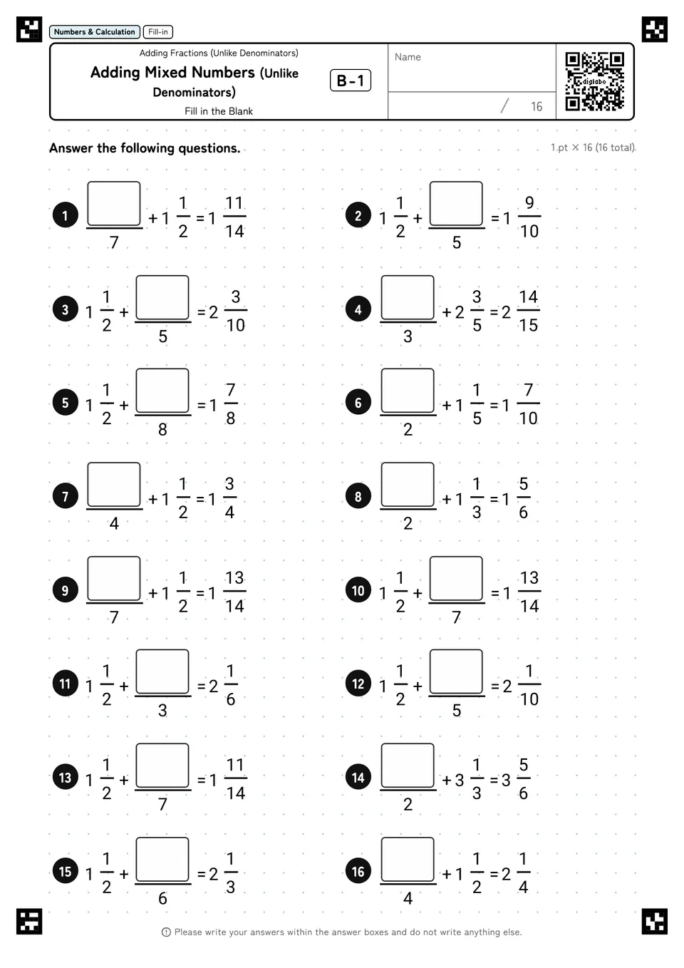 Adding Mixed Numbers (Unlike Denominators) B-1