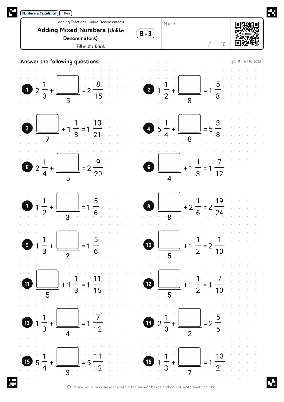 Adding Mixed Numbers (Unlike Denominators) B-3