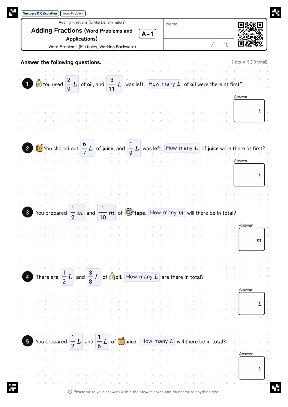 Adding Fractions (Word Problems and Applications) A-1