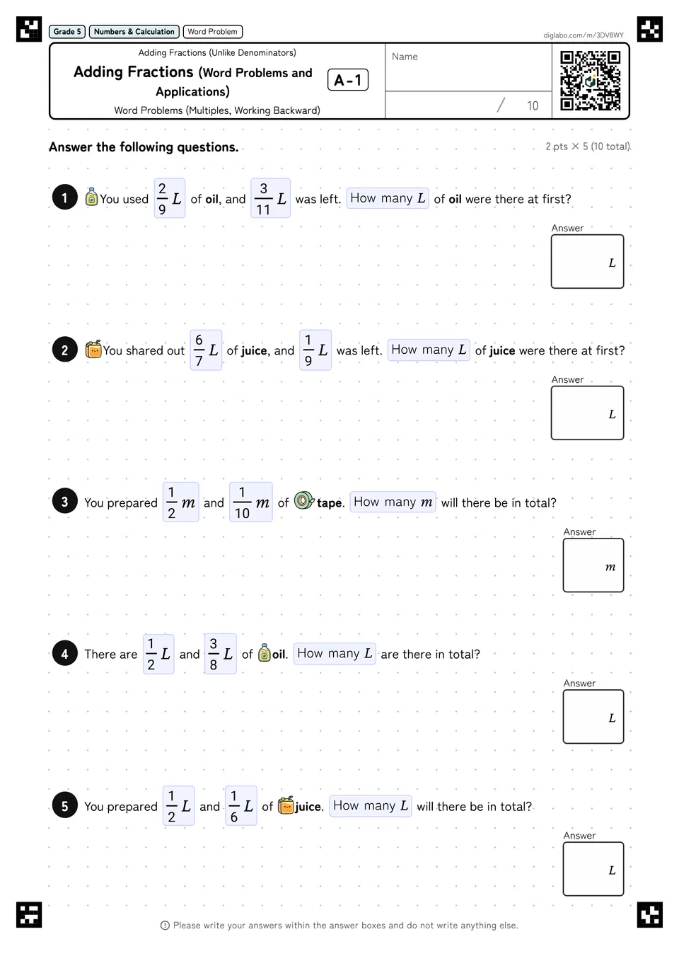 Grade 5 (Elementary School) Adding Fractions (Unlike Denominators) Adding Fractions (Word Problems and Applications)