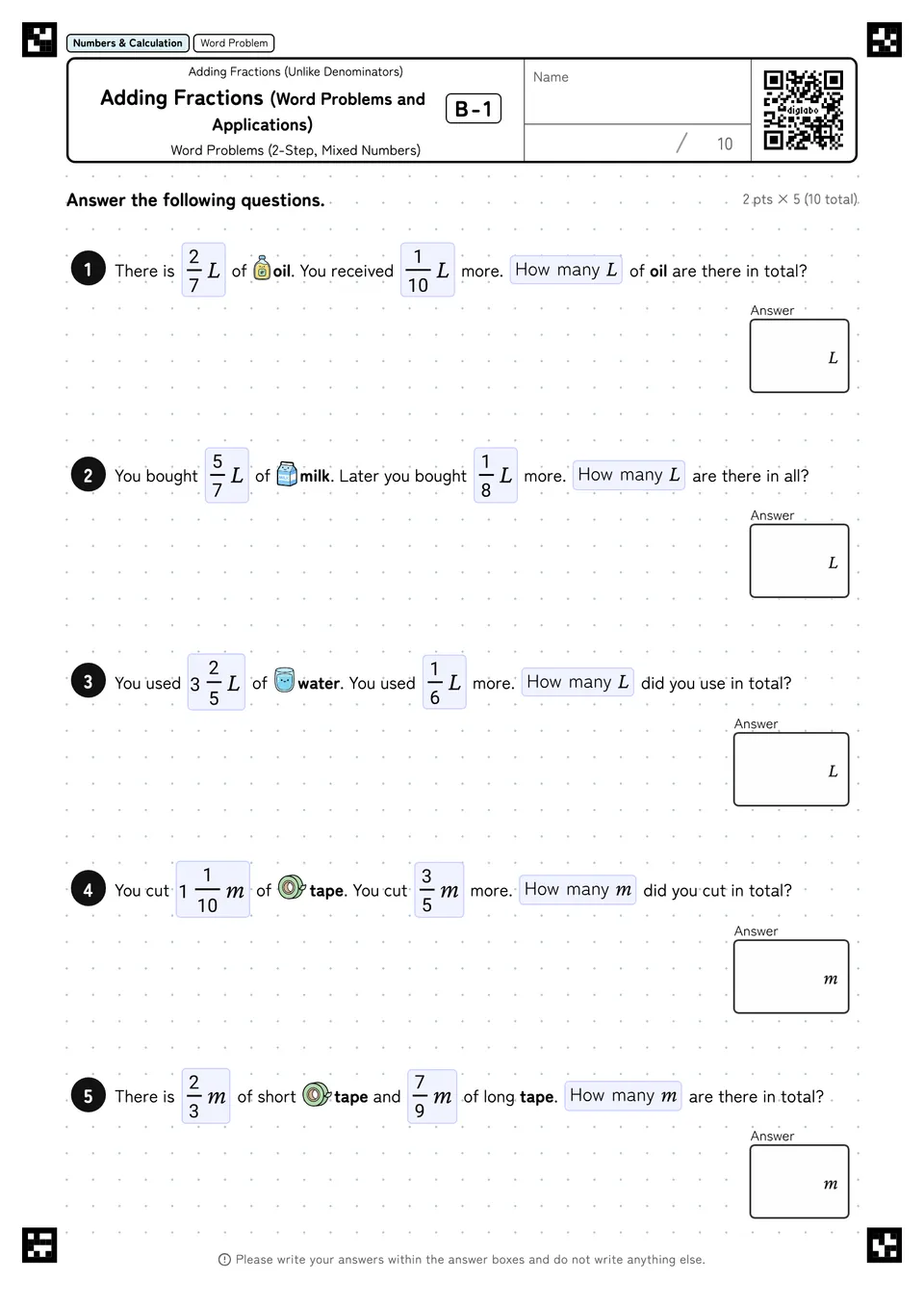 Adding Fractions (Word Problems and Applications) B-1