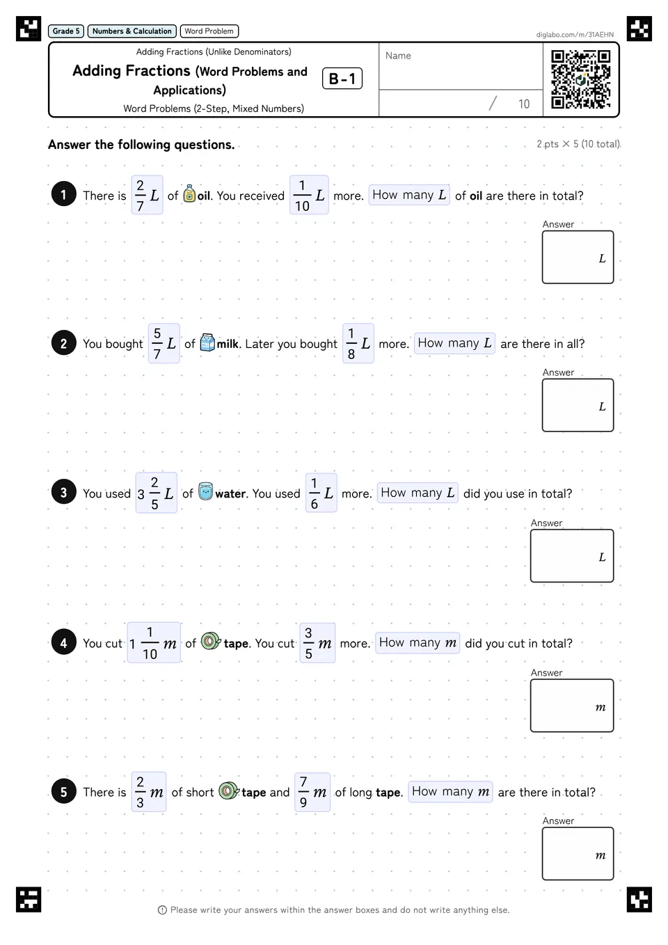 Grade 5 (Elementary School) Adding Fractions (Unlike Denominators) Adding Fractions (Word Problems and Applications)