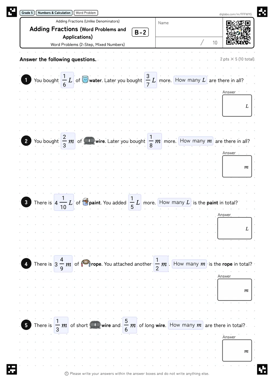 Grade 5 (Elementary School) Adding Fractions (Unlike Denominators) Adding Fractions (Word Problems and Applications)