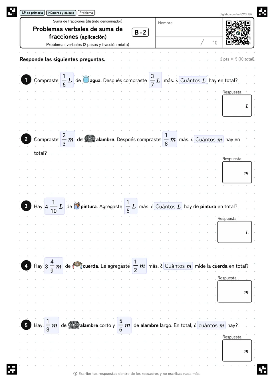 5.º de primaria Suma de fracciones (distinto denominador) Problemas verbales de suma de fracciones (aplicación)