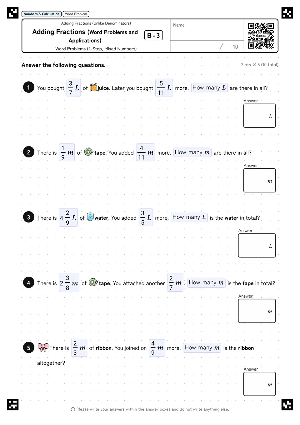 Adding Fractions (Word Problems and Applications) B-3