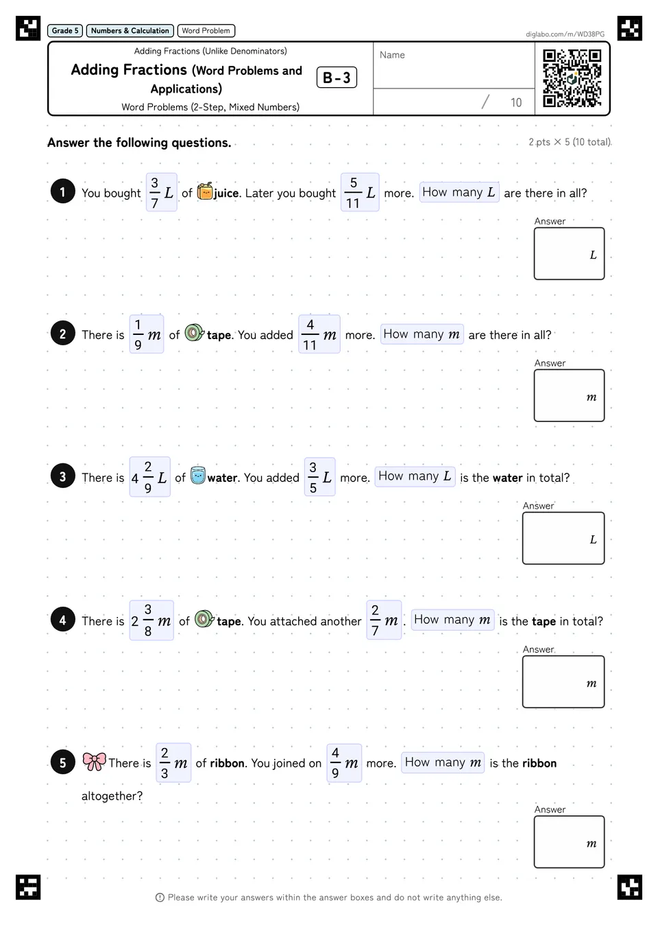 Grade 5 (Elementary School) Adding Fractions (Unlike Denominators) Adding Fractions (Word Problems and Applications)