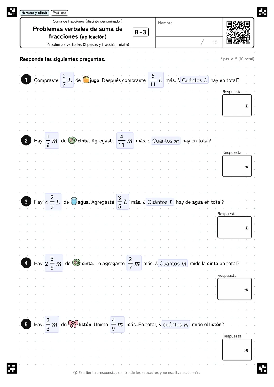 Problemas verbales de suma de fracciones (aplicación) B-3