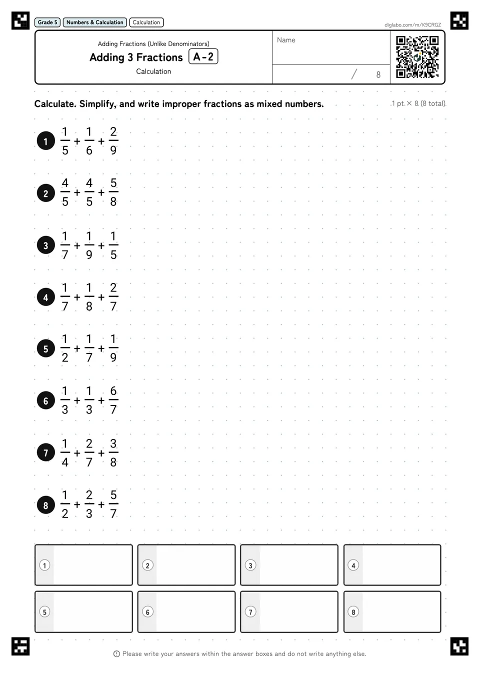 Grade 5 (Elementary School) Adding Fractions (Unlike Denominators) Adding 3 Fractions