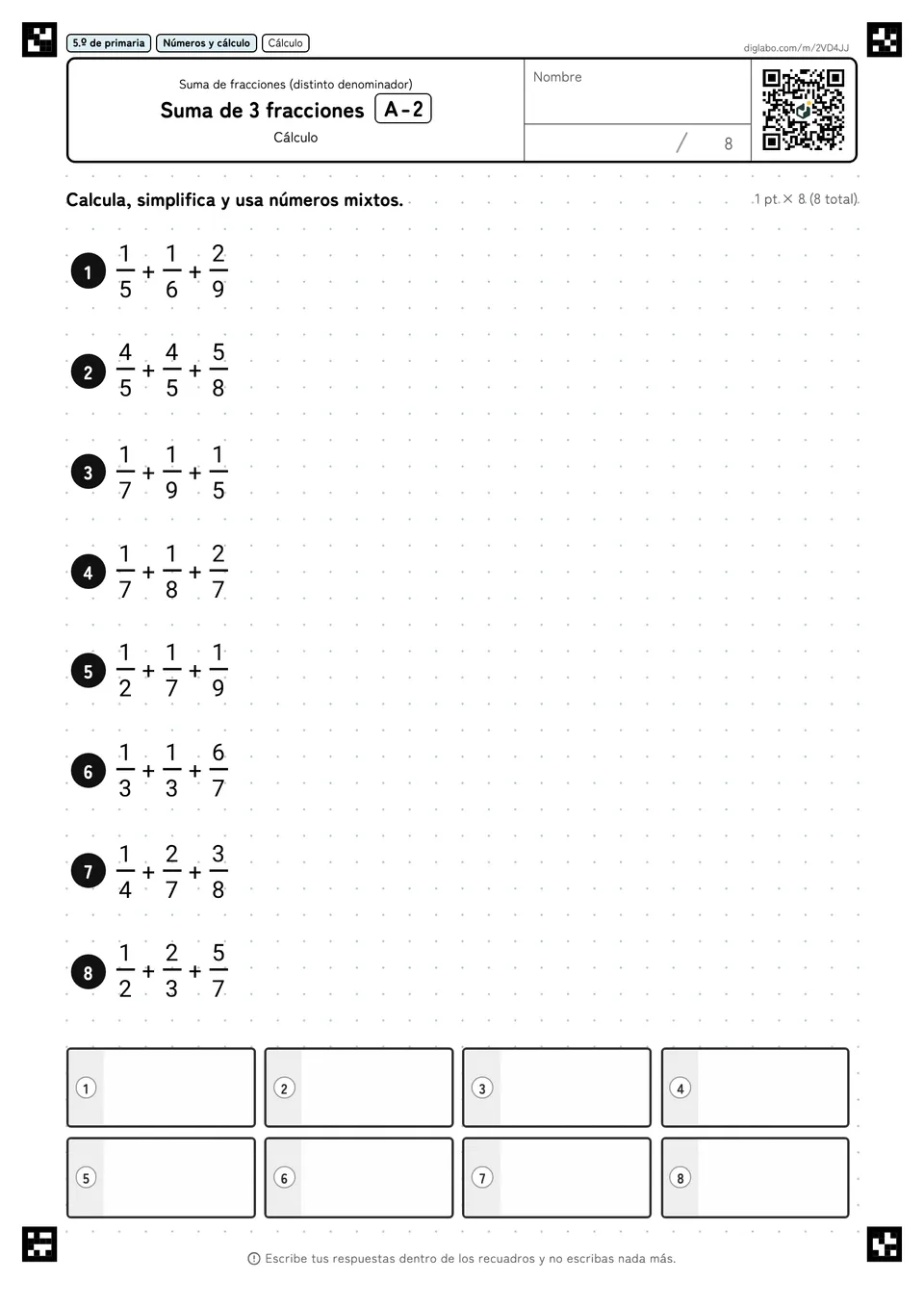 5.º de primaria Suma de fracciones (distinto denominador) Suma de 3 fracciones