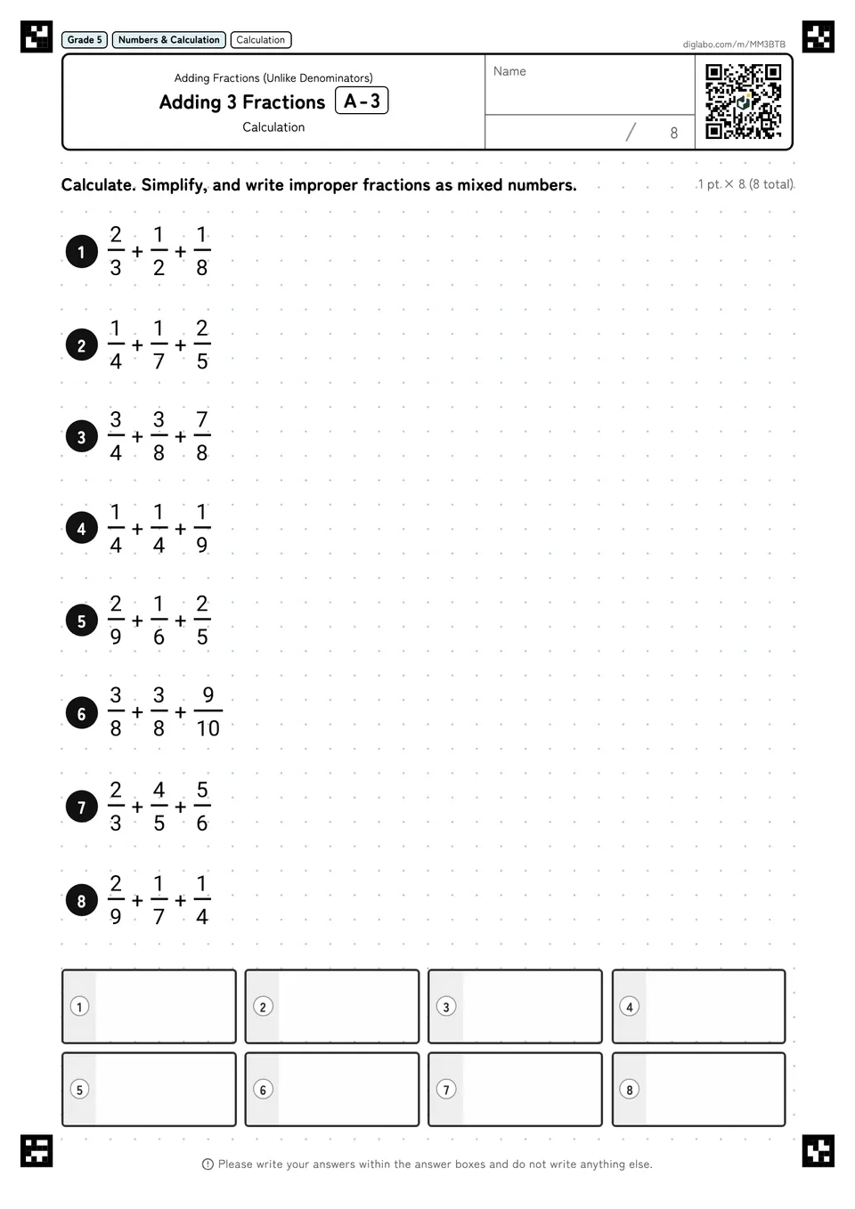 Grade 5 (Elementary School) Adding Fractions (Unlike Denominators) Adding 3 Fractions