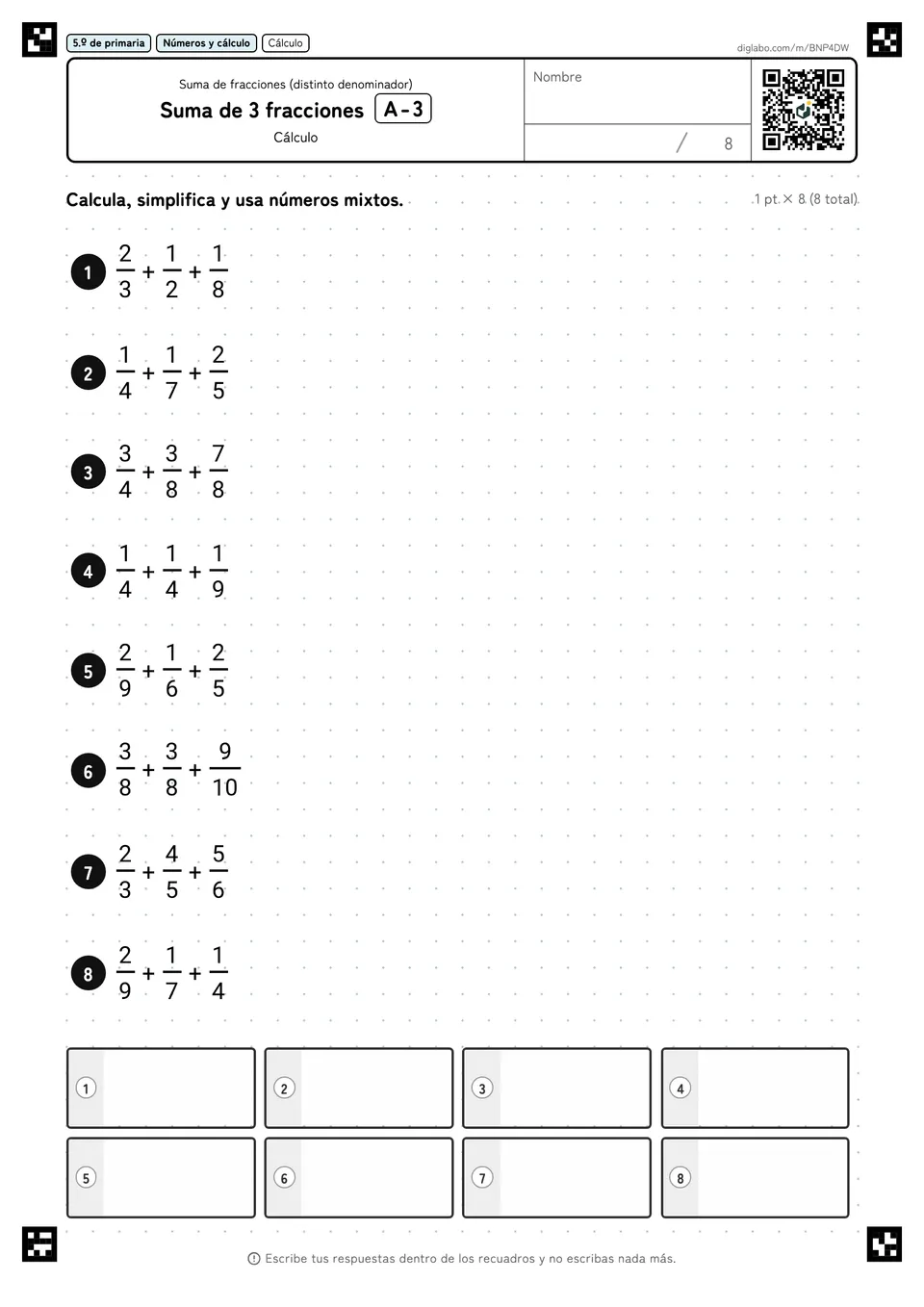 5.º de primaria Suma de fracciones (distinto denominador) Suma de 3 fracciones