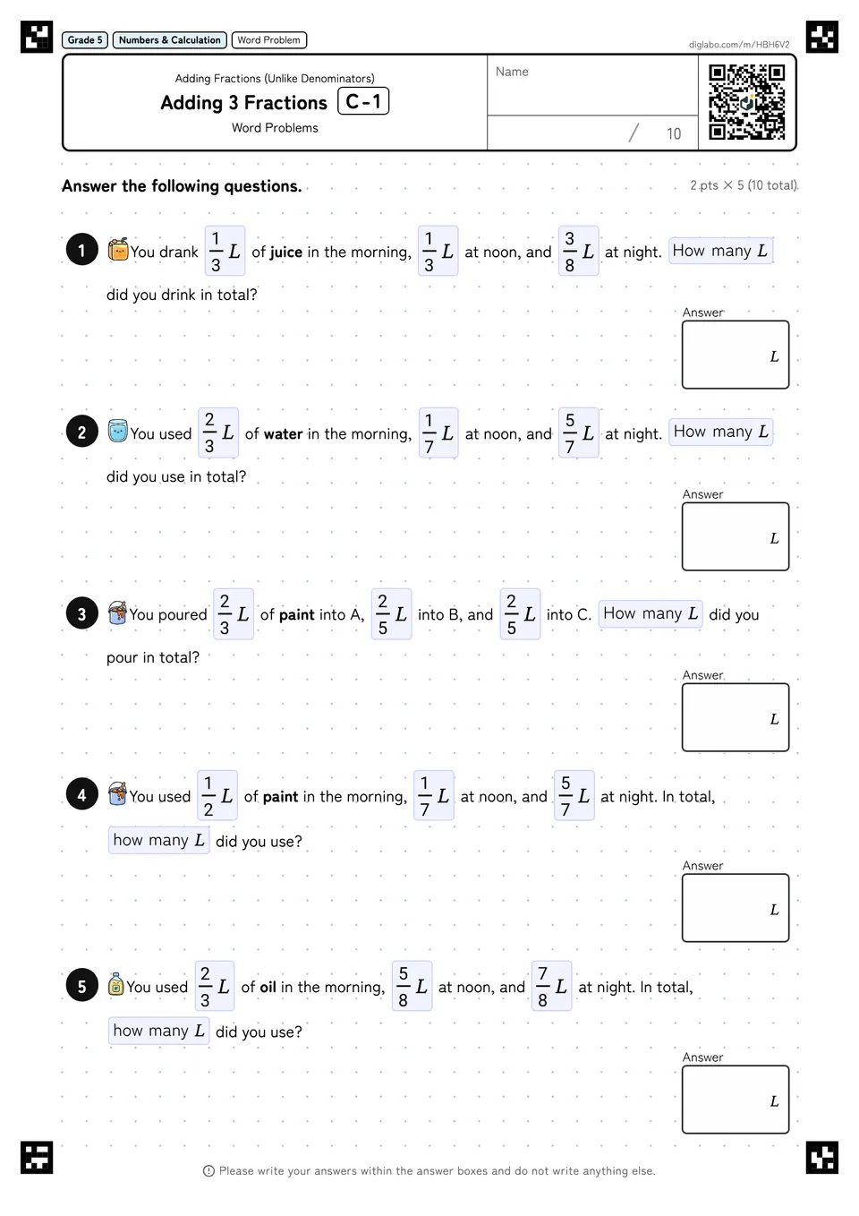 Grade 5 (Elementary School) Adding Fractions (Unlike Denominators) Adding 3 Fractions