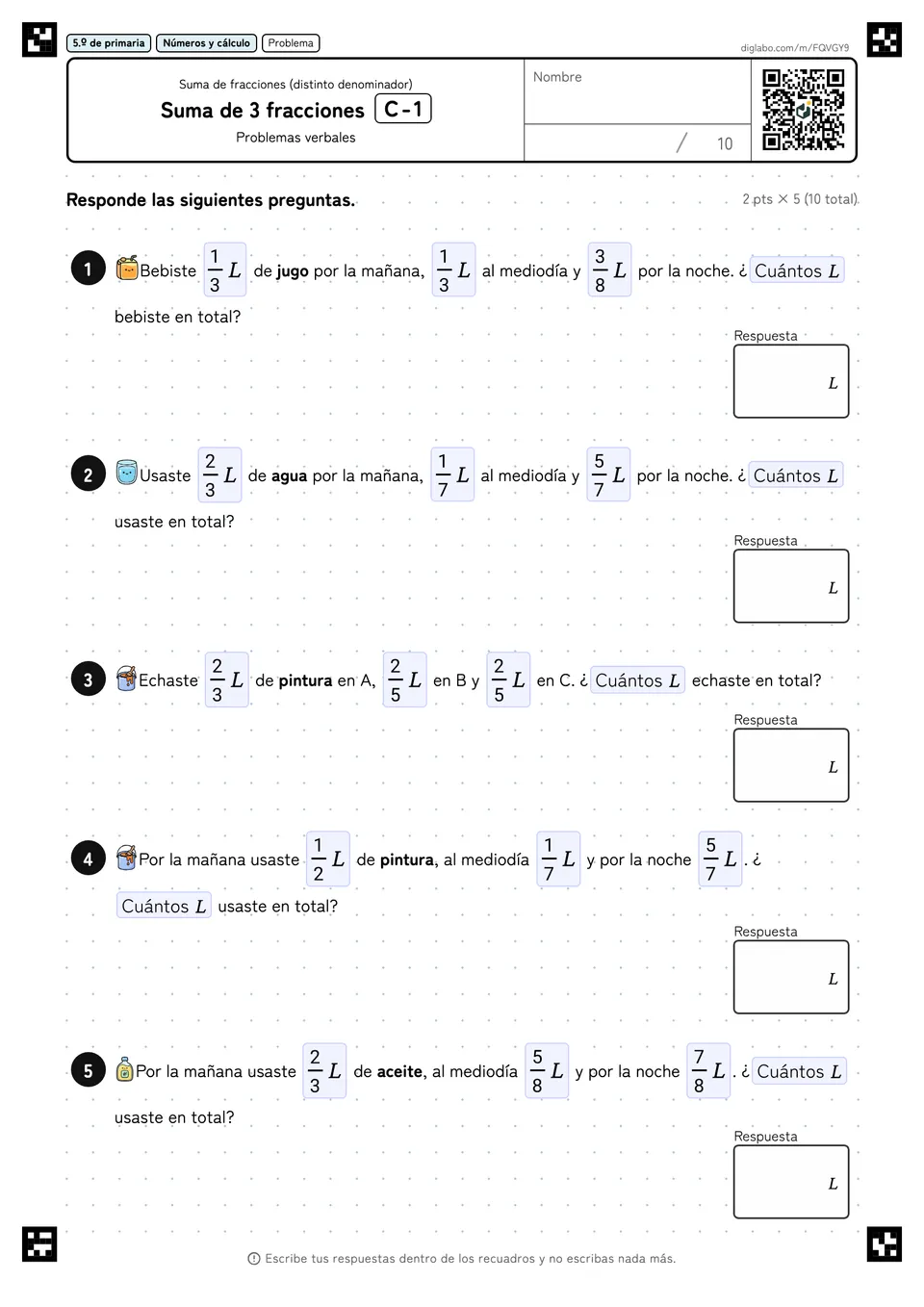 5.º de primaria Suma de fracciones (distinto denominador) Suma de 3 fracciones