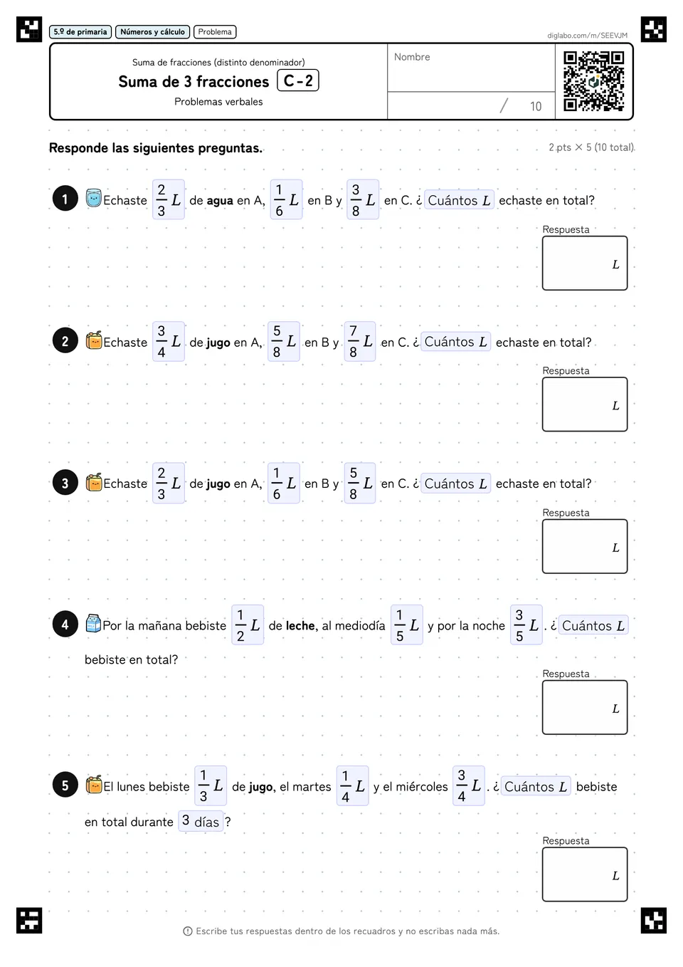 5.º de primaria Suma de fracciones (distinto denominador) Suma de 3 fracciones