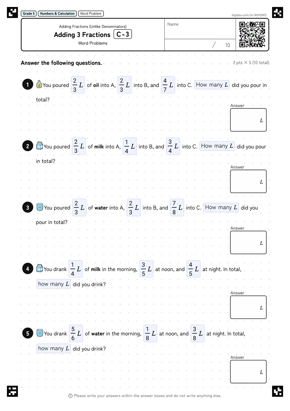 Grade 5 (Elementary School) Adding Fractions (Unlike Denominators) Adding 3 Fractions