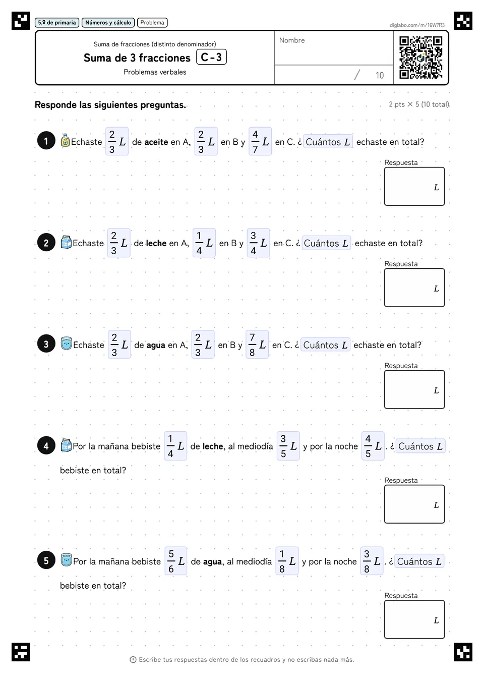 5.º de primaria Suma de fracciones (distinto denominador) Suma de 3 fracciones