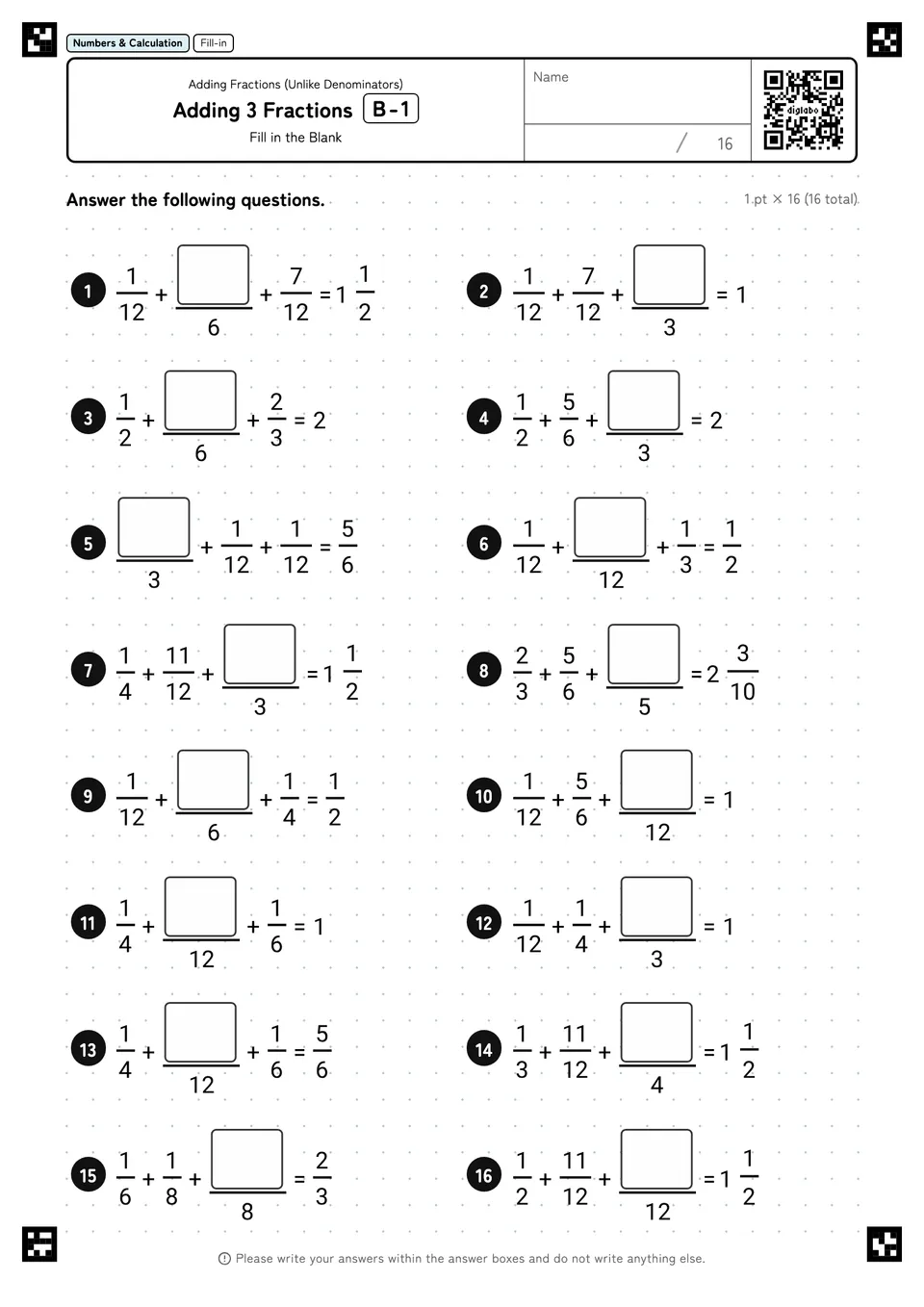 Adding 3 Fractions B-1