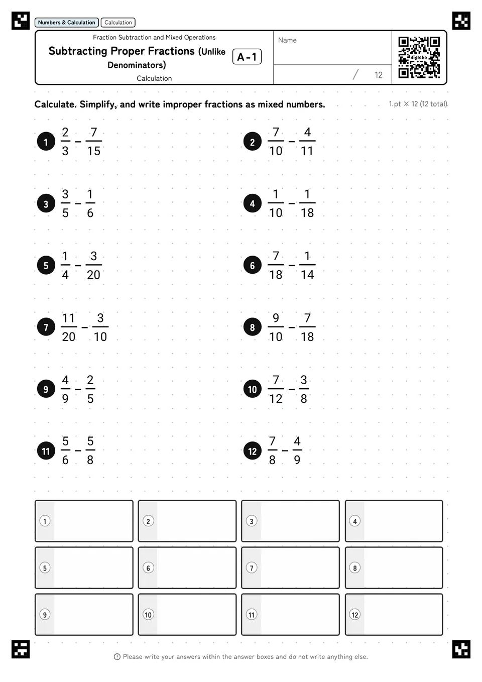 Subtracting Proper Fractions (Unlike Denominators) A-1